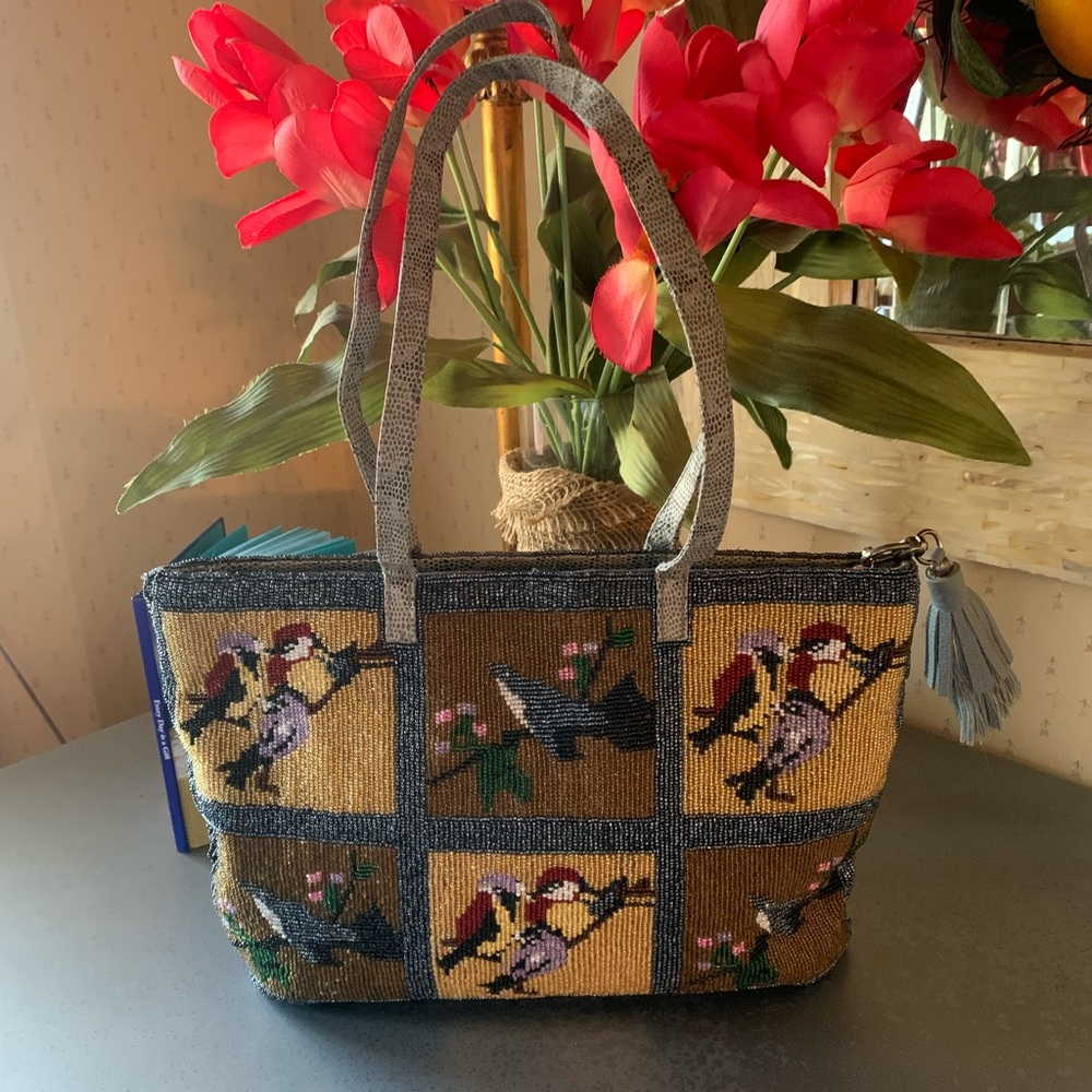 Beautiful BEADED Bird handbag. SILVER, GOLD and BRONZE, bird patterns.
